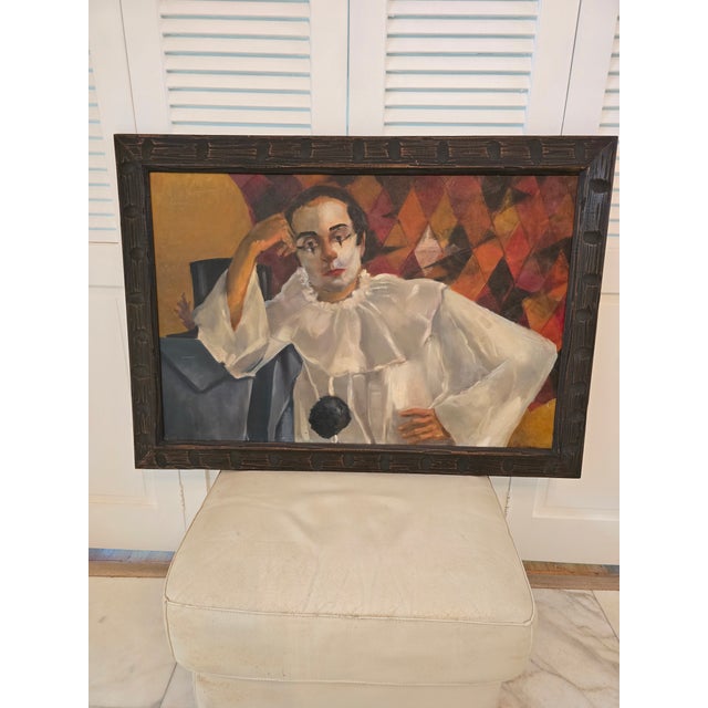 Ivory Vintage Mid Century Modern Signed Painting Harlequin Jester For Sale - Image 8 of 11