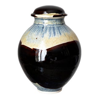 1980s Signed Studio Pottery Covered Jar With Brown, Blue & Cream Glaze For Sale