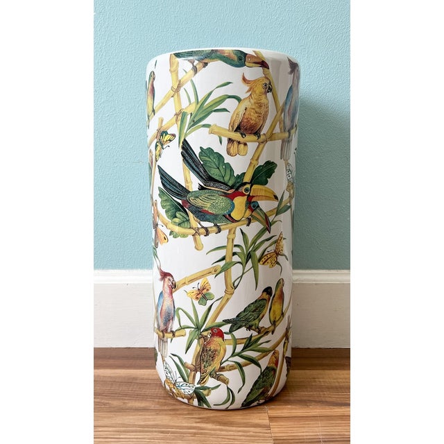 Vintage Tropical Birds & Butterflies Ceramic Umbrella Stand – Hollywood Regency / Chinoiserie For Sale - Image 13 of 14