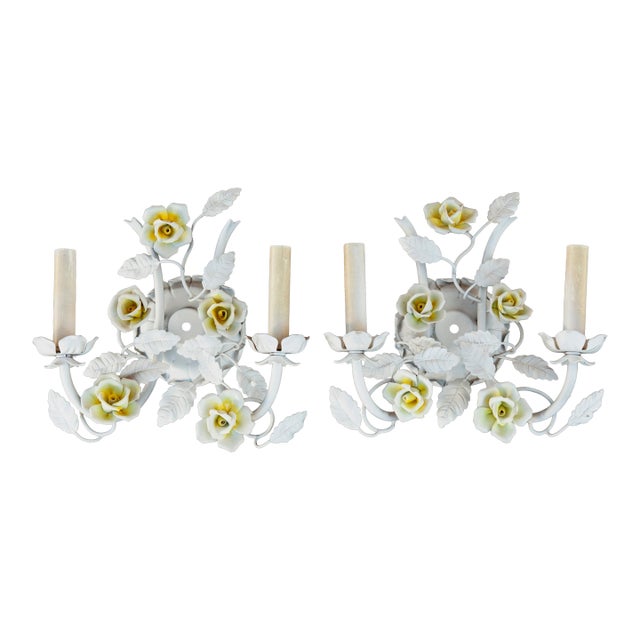 Mid 20th Century Electrified Wall Sconces With Ceramic Flowers & Metal Leaves; A Pair For Sale