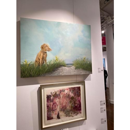 Blue Tranquil Beach Dog in Coastal Landscape, Blue Sky & Clouds, 2025, Painting on Panel For Sale - Image 8 of 17