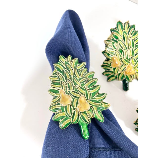 English Vintage Cloisonné Christmas Tree Napkin Rings With Golden Pears, Set of 4 For Sale - Image 3 of 9