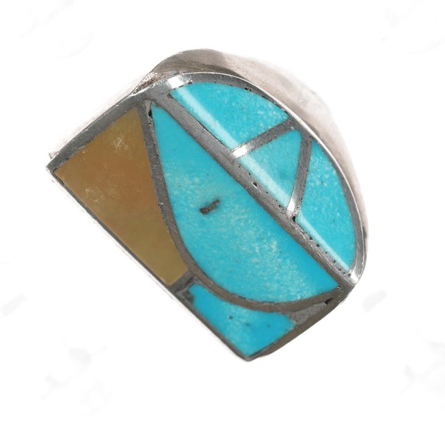 sz10 60's-70's Zuni sterling turquoise and shell channel inlay ring For Sale - Image 4 of 7