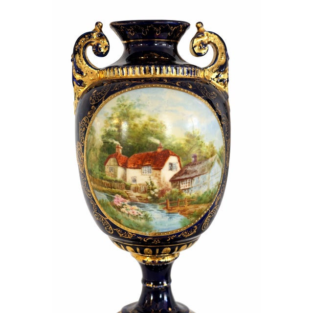 Pair of Antique Vienna Style Cobalt Blue & Gilt Porcelain Pedestal Urns, Circa 1900 For Sale - Image 4 of 13