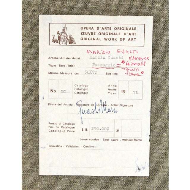 Mid Century Modern Italian Abstract Geometric Oil Painting Houses Signed Marzio Guasti For Sale - Image 9 of 9