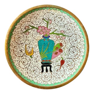 Vintage Chinese Cloisonne Trinket Dish-Brass-Enamel-Floral Vase-Bowl-Ring-Vanity For Sale