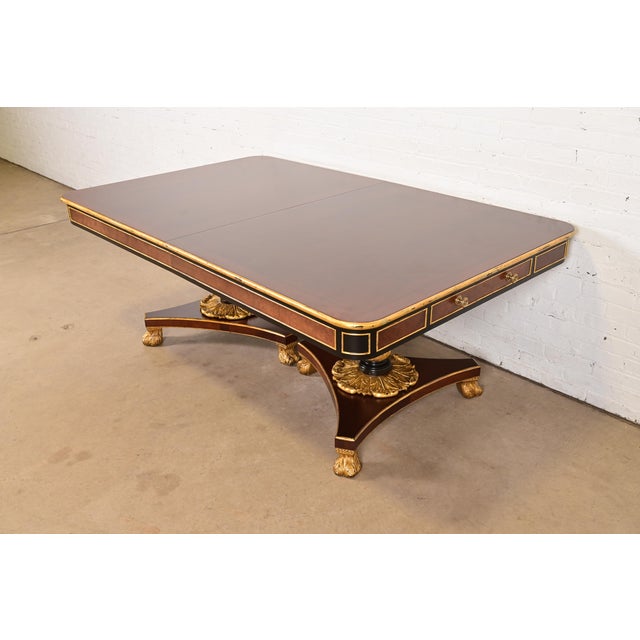 Brown Baker Furniture Stately Homes Collection Mahogany, Burl Wood, and Parcel-Gilt Double Pedestal Extension Dining Table, Newly Restored For Sale - Image 8 of 18