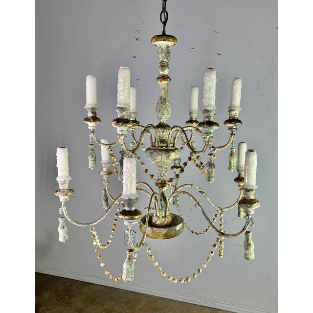Rococo Distressed Twelve Light Chandelier by Melissa Levinson, Wood & Iron For Sale - Image 3 of 17
