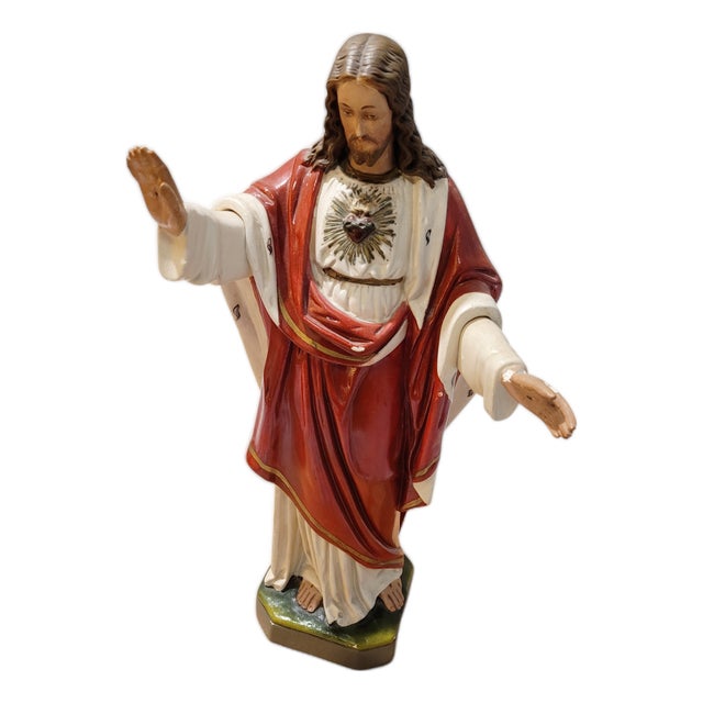 Antique French Hand-Painted Devotional Sculpture in Polychrome Plaster, 1890s For Sale