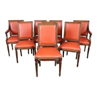 Set of 8 Red Leather Brass Nail Head Trimmed French Louis XVI Dining Chairs For Sale