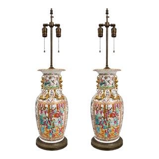 Late 19th Century Chinese Canton Rose Medallion Lamps - a Pair For Sale