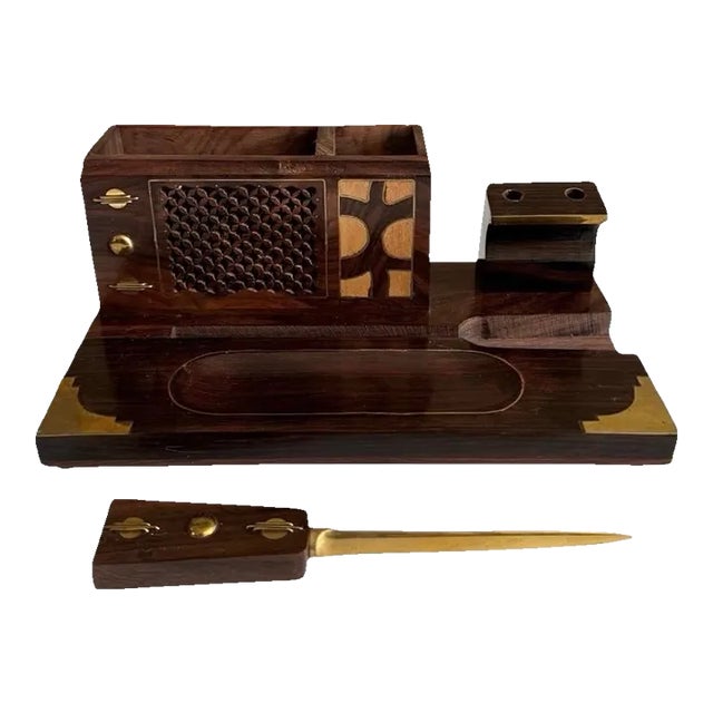 Vintage French Art Deco Handmade Wood and Brass Desk Set For Sale