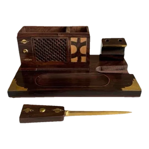 Vintage French Art Deco Handmade Wood and Brass Desk Set