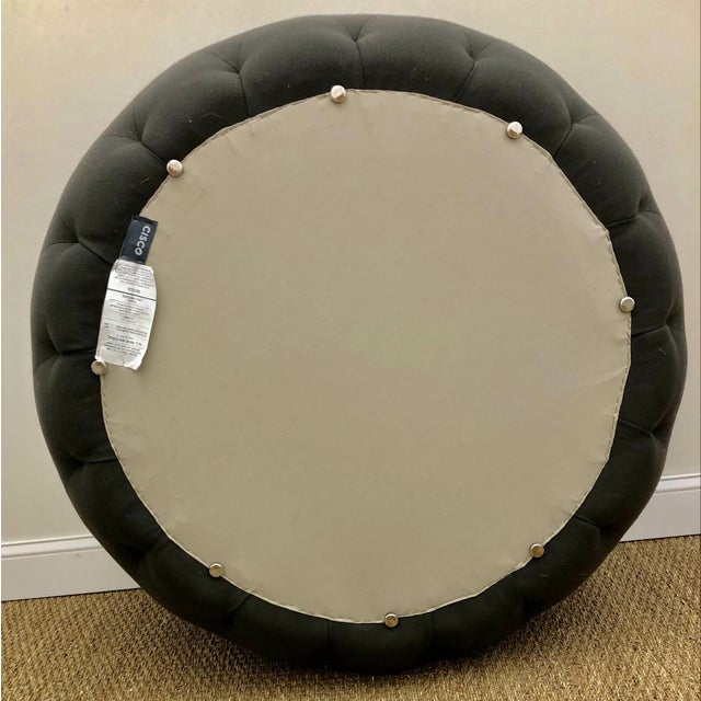 Wood Cisco Brothers Round Upholstered Pouf Ottoman With Graphite Grey Wool Boucle For Sale - Image 7 of 8