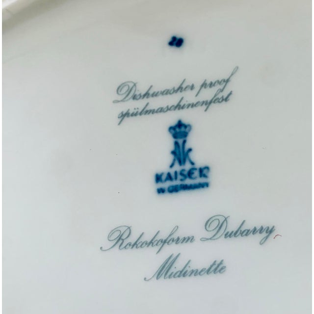 Vintage German Kaiser Rokokoform Dubarry ‘Midinette’ Porcelain Tureen in White With Blue Flowers, Embossed Scrolls & Rosebud Finial Handle on Lid For Sale In San Antonio - Image 6 of 12