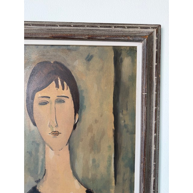 Brown 1970s Amadeo Modigliani Style Portrait Reproduction – Casein on Masonite Painting, Framed For Sale - Image 8 of 12