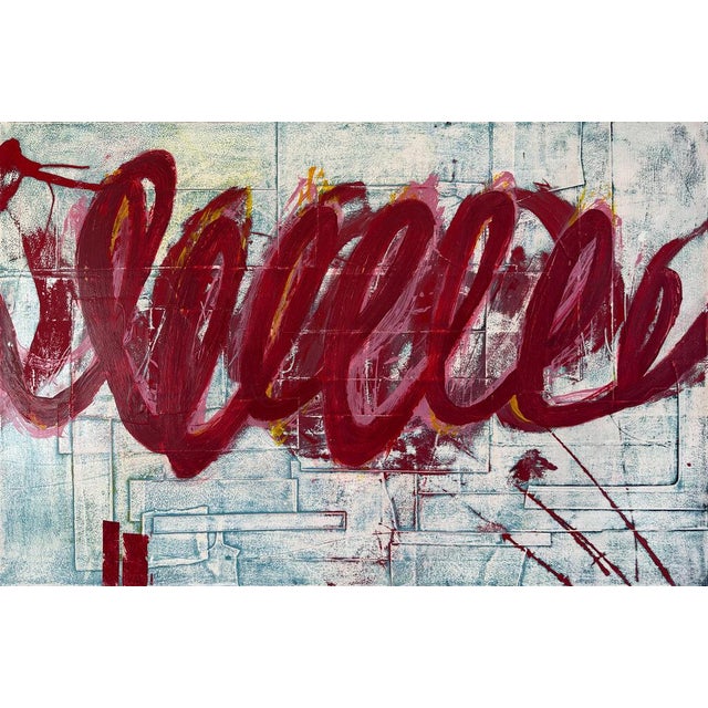 A heavy, looping band of crimson crosses a cool ground of pale blue and cream, layered with collage elements, fine drawn...