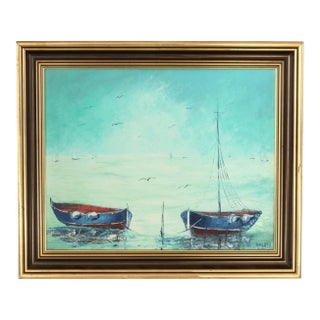 Midcentury Italian Seascape With Fishing Boats For Sale
