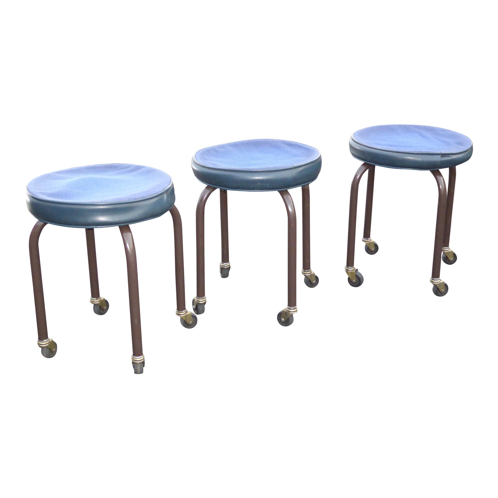 Three Vintage Mid Century Modern Blue Stools on Castors Chairish