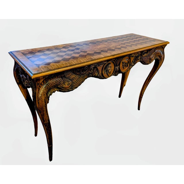 Early 20th Century Antique Louis XV Style Inlaid Walnut/Kingwood/Mahagony and Maple Parquetry Featuring Ornate Carvings, Cabriole Legs and Center Figural Carvings For Sale - Image 5 of 9