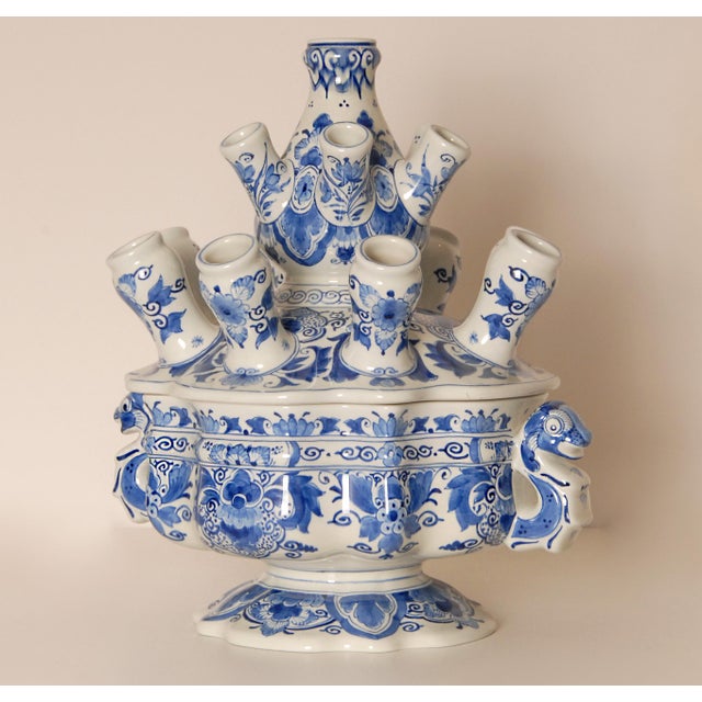 Rococo Royal Delft Tulip Vase Tulpiere Blue and White Earthenware Dragon Handles For Sale - Image 3 of 15