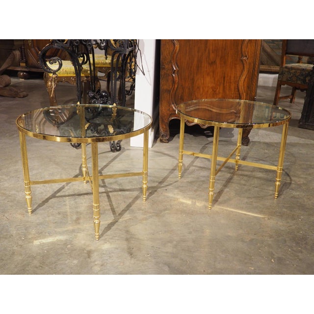 Brass Pair of 1970s Circular French Brass and Glass Side Tables For Sale - Image 8 of 18