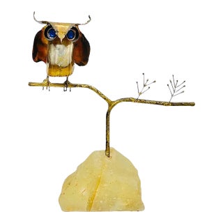 1969 C. Jeré for Artisan House Signed Owl on Branch Sculpture on Stone Base For Sale