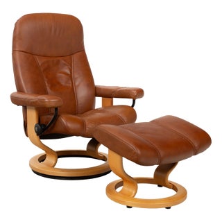 Brown Cognac Leather Consul Reclining Armchair with Footstool by Stressless For Sale