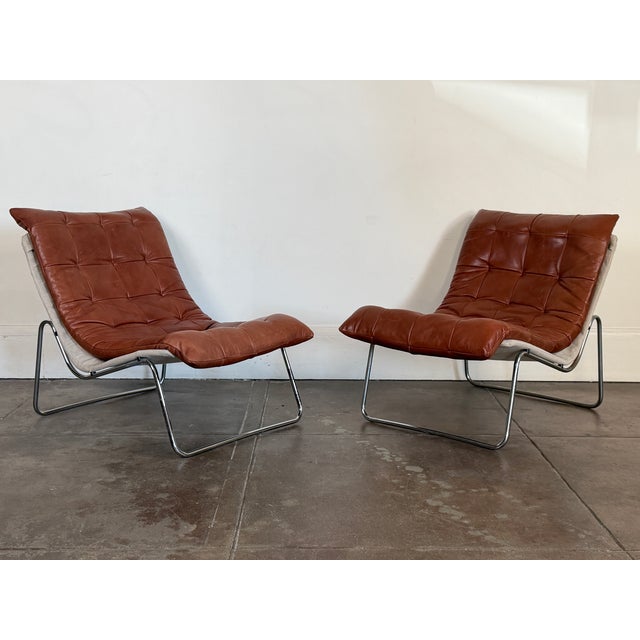 Mid-Century Modern Vintage 1970's Cognac Leather Swedish Lounge Chairs For Sale - Image 3 of 15