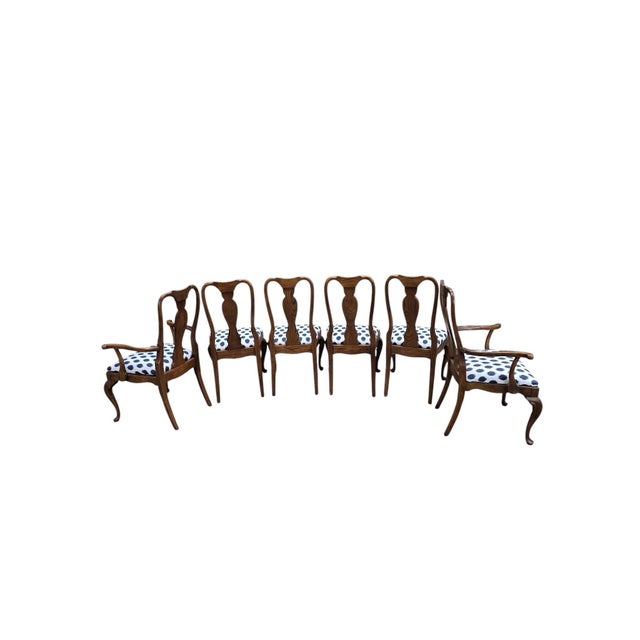 Vintage Queen Anne Style Dining Chairs by Century Chair Co. with Navy & White Polka Dot Upholstered Seats – Set of 6 A...