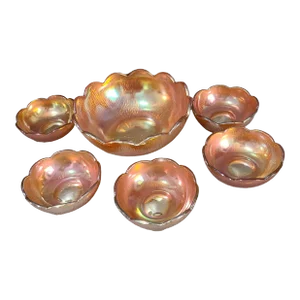 Vintage Marigold Carnival Glass Scalloped Edge Berry Dessert Bowls Set- 6 Pieces