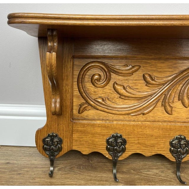 Vintage French Carved Oak 7-Hook Wall Coat Rack For Sale - Image 5 of 10