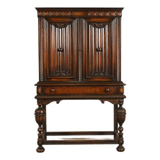 Berkey & Gay Antique English Jacobean Carved Walnut and Burl Wood Bar Cabinet, Circa 1920s For Sale