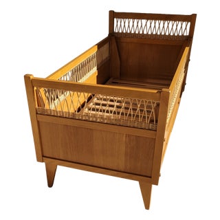 Vintage Children's Bed in Wood with Rattan Trim, 1960s For Sale