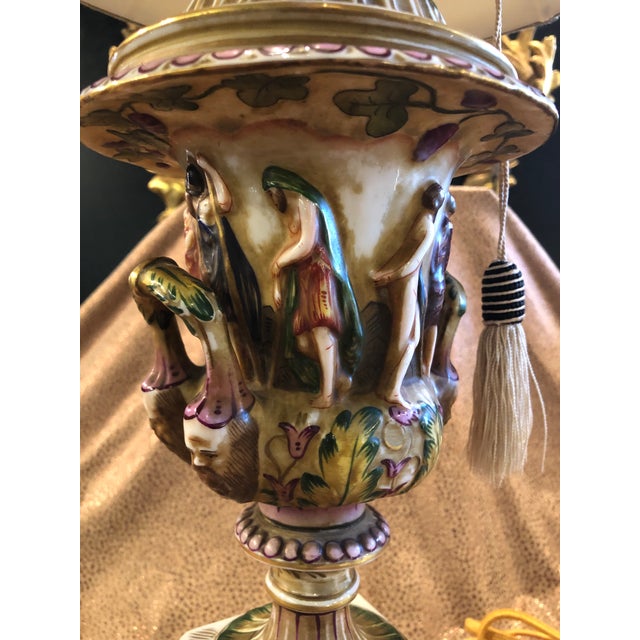 Ceramic Vintage Italian Porcelain Figural Hand Painted Gilt Table Lamp With Shade For Sale - Image 7 of 13