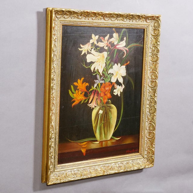 Still Life with Flowers, Oil Painting on Wood, Germany 1950s An impressive still life depicting a bouquet of various...