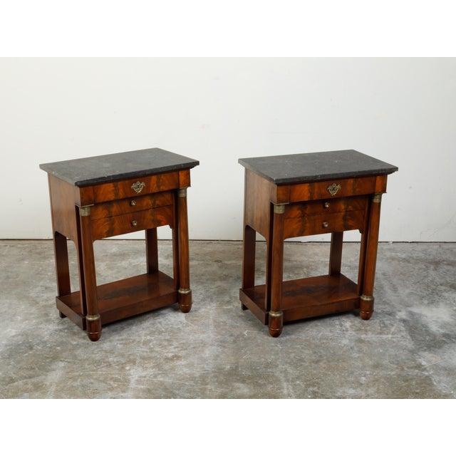 Wood Early 19th Century French Empire Early 19th Century Walnut Console Tables with Grey Marble Tops For Sale - Image 7 of 12