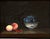 Oil painting on okoume board (similar to mahogany) of plums stacked in a decorative bowl with peaches and cherries in the...