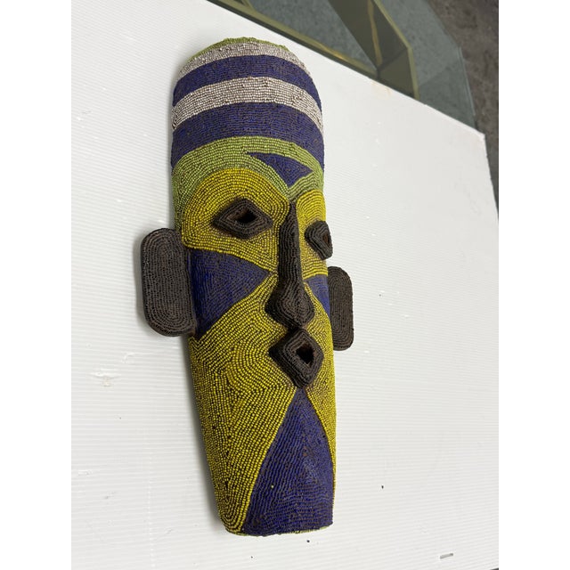 African Handcrafted African Glass Beaded Carved Wood Mask For Sale - Image 3 of 12