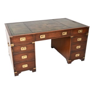 Antique Leather Top Military Campaign Partners Desk, 1950 For Sale