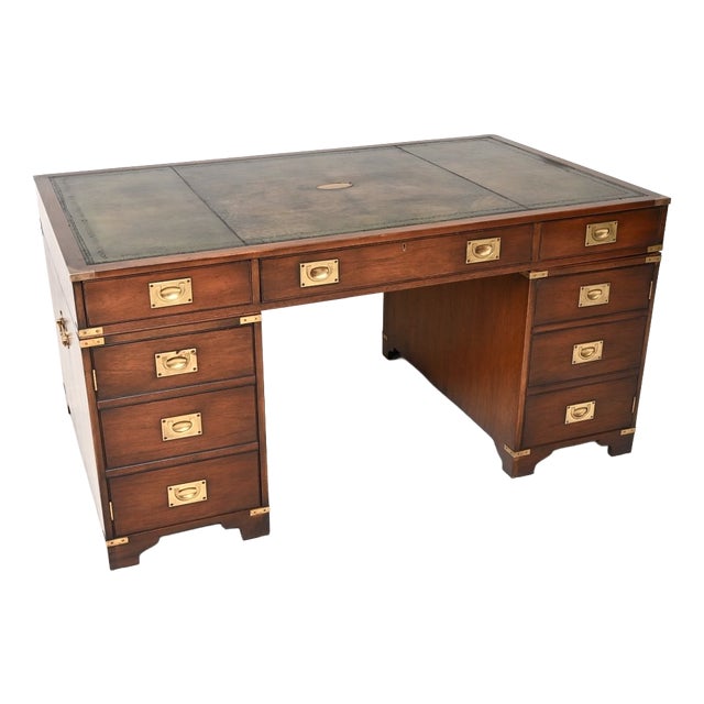 Antique Leather Top Military Campaign Partners Desk, 1950 For Sale