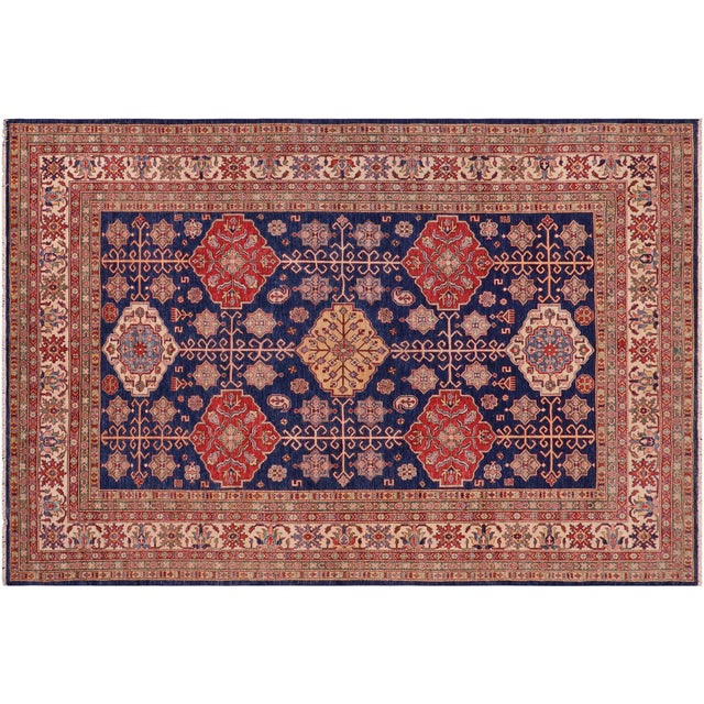 Boho Chic Super Kazak Blue/Beige Wool Rug - 7'10'' X 10'1'' For Sale - Image 9 of 10