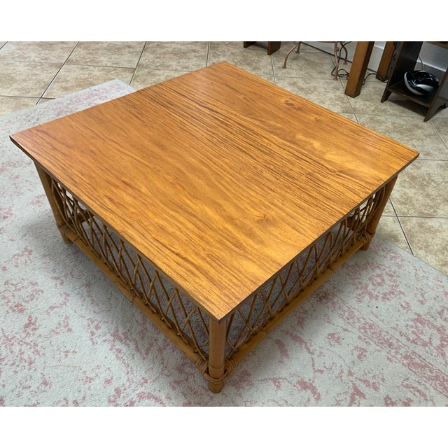 1960s Vintage Philippine Rattan & Bamboo Lattice Coffee Table – 32” Square For Sale - Image 5 of 7