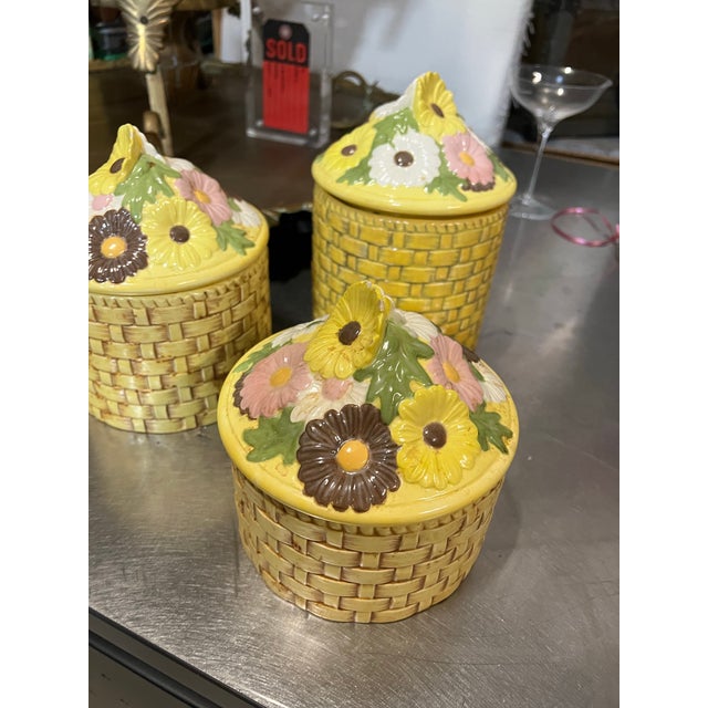 Yellow Vintage Trio of Yellow Ceramic Woven Style Jars With Floral Accents For Sale - Image 8 of 11