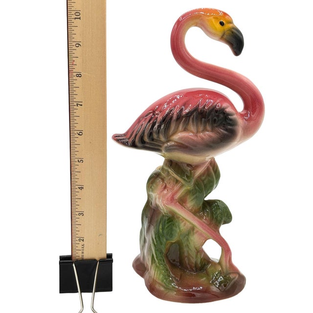 Large 10" Tall Mid-century pink and green ceramic flamingo tabletop California planter. The planter features a beautifully...