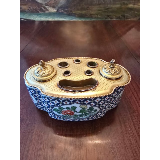 1910s Pre Mid Century Jewel Box Inkwell Bronze Porcelain For Sale - Image 4 of 11