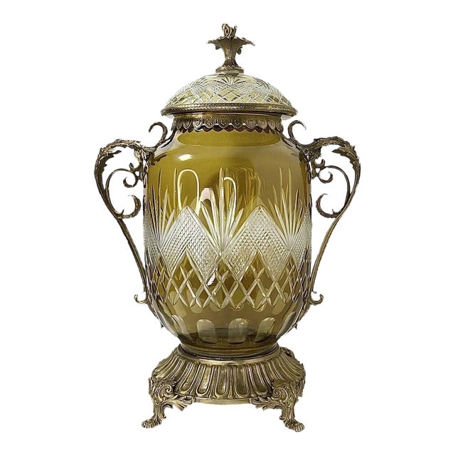 1960s Massive French Cut-To-Clear Amber Yellow Crystal Urn, Ornate Brass For Sale