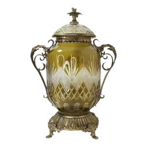 1960s Massive French Cut-To-Clear Amber Yellow Crystal Urn, Ornate Brass