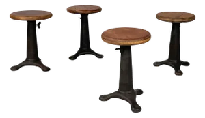 Industrial Italian Round Stools in Wood and Cast Iron, 1930s, Set of 4