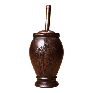 Late 19th Century Bronze Mortar and Pestle With Figural Engraving, 2.4kg For Sale